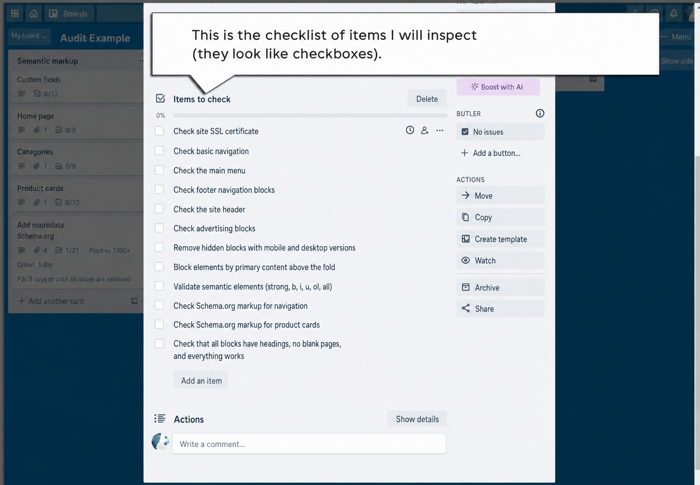 Task sheet in Trello