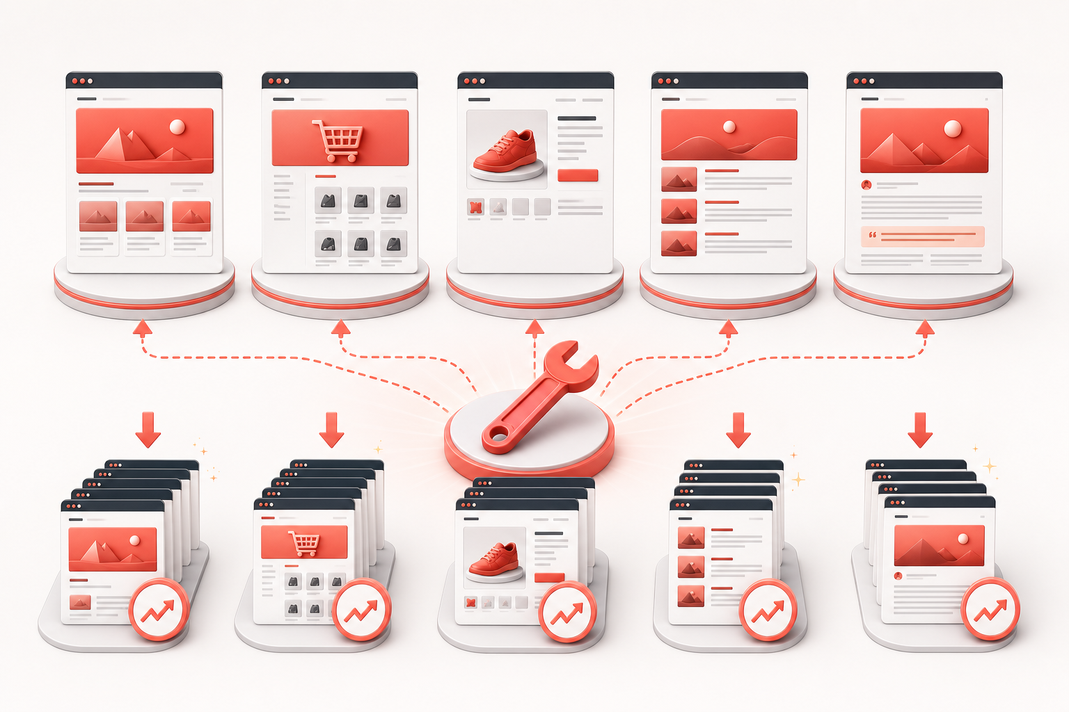 Five website templates generate groups of matching home, category, product and article pages