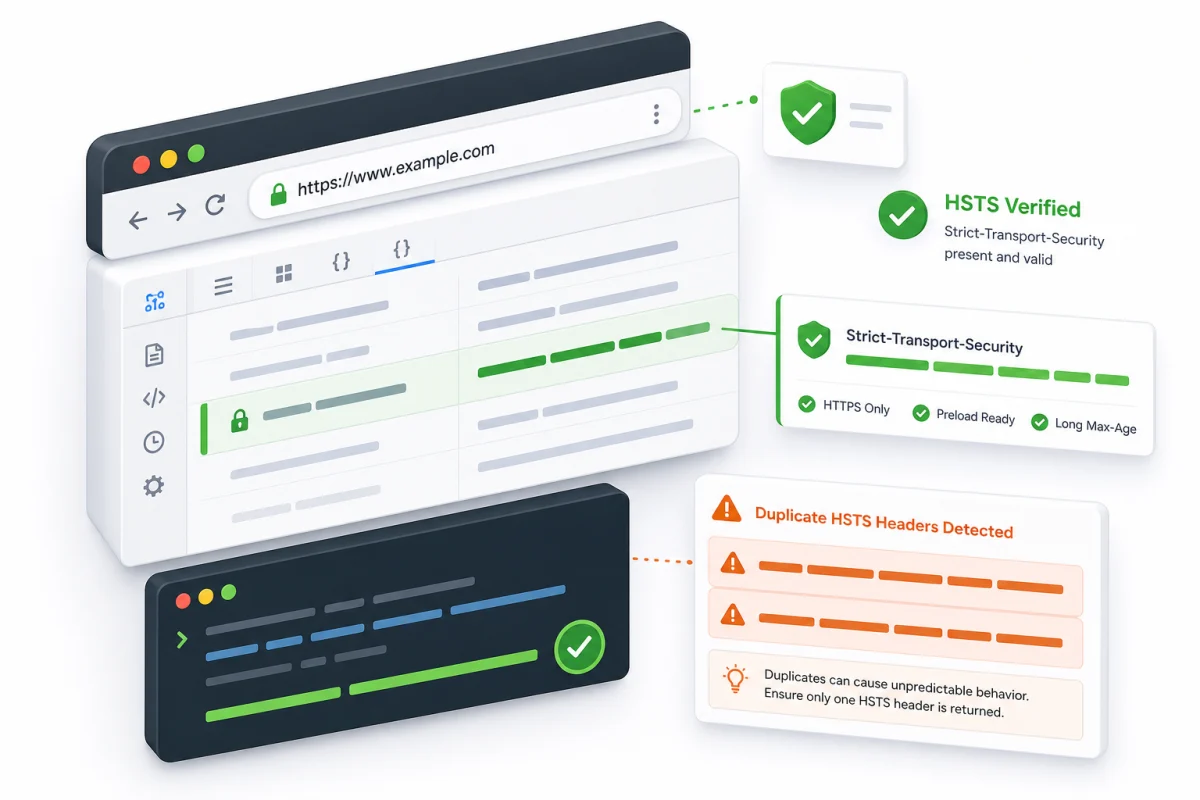 HSTS проверяется в заголовках ответа браузера и терминале, а дубли отмечаются как проблема