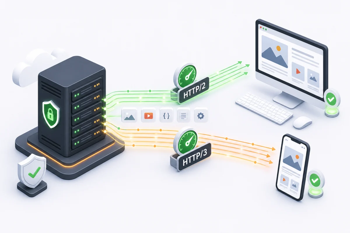 A secure server delivers website resources in parallel over HTTP/2 and HTTP/3 to desktop and mobile devices