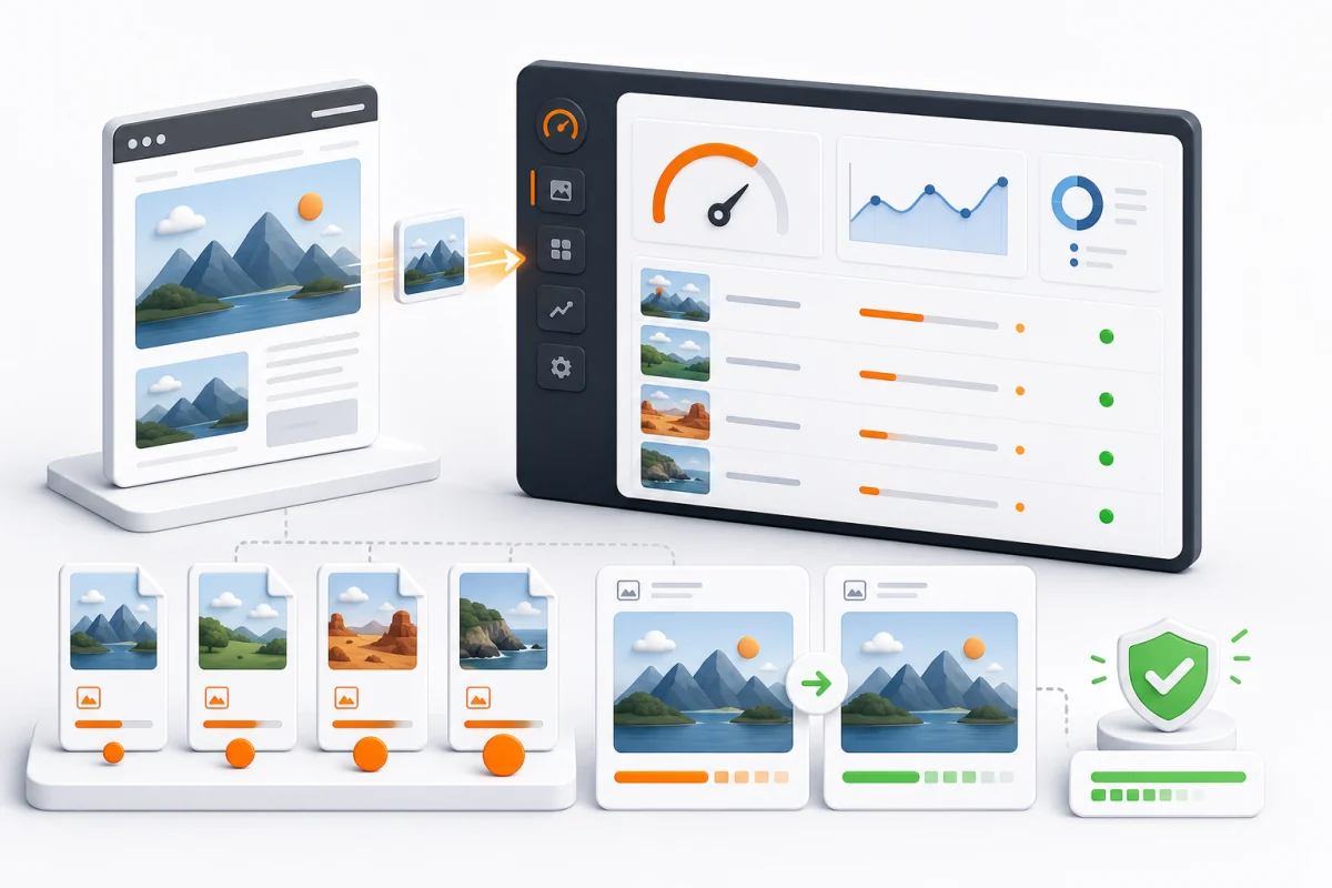 A page is analysed for image opportunities before comparing original and compressed files with the same format and dimensions